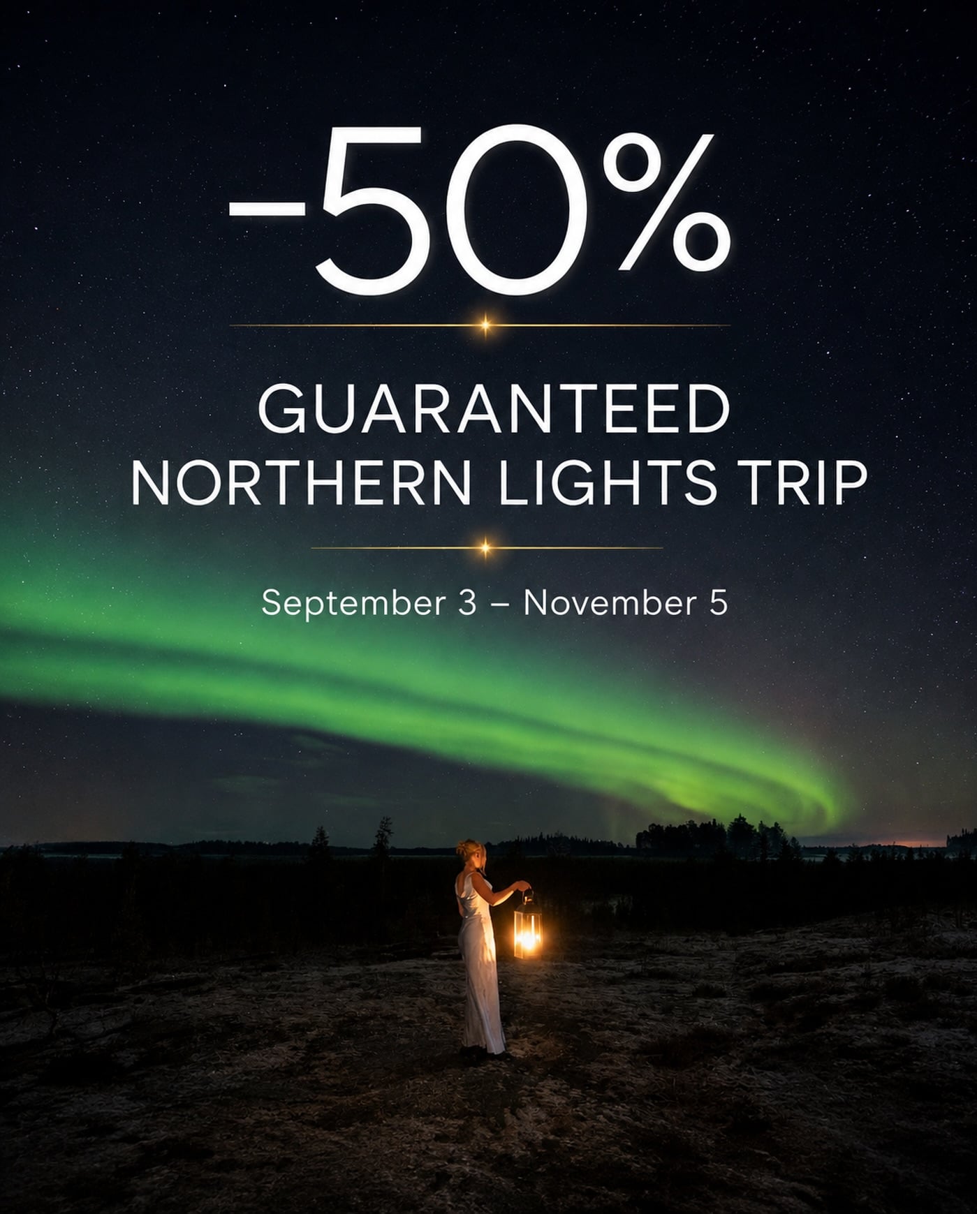 Use code AURORA50 for 50% off 🌟

Join our Guaranteed Northern Lights Trip and experience one of Lapland’s most unforgettable nights — at half the price!

The offer applies to trips taking place between September 3 and November 5.

Book your autumn Aurora adventure now and let us take you where the skies are clear and the Northern Lights are waiting! 💚

#rovaniemi #lapland #northernlights #aurora #visitlapland